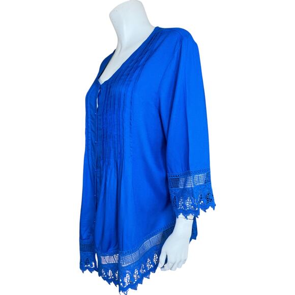 Blair Royal Blue Women's Blouse Large Lace Pleated Button-Front NWOT Boho - Picture 4 of 14